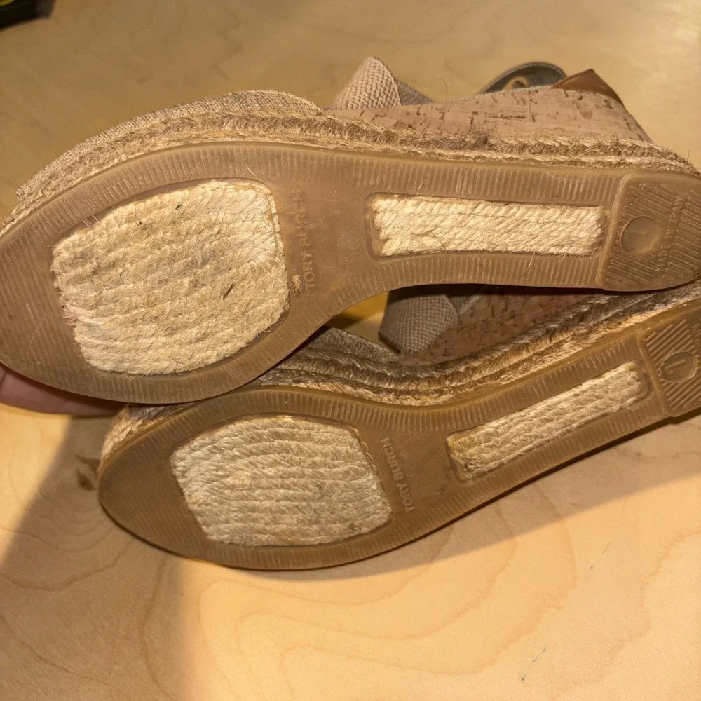 Tory Burch Natanya Espadrille Wedges Women Sz 7 Beige Linen Cork Sandal Spain